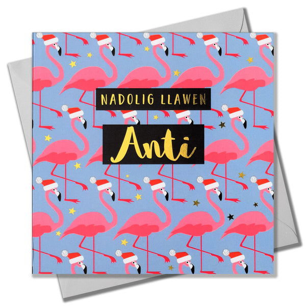 Welsh Christmas Card, Anti, Aunt Flamingoes in Santa Hats, text foiled in shiny gold