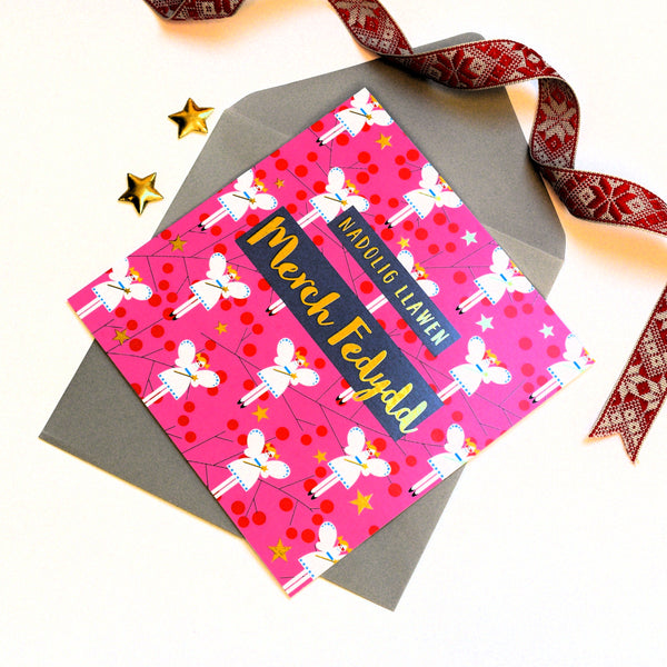 Welsh Christmas Card, Merch Fedydd, Goddaughter Fairies, text foiled in shiny gold
