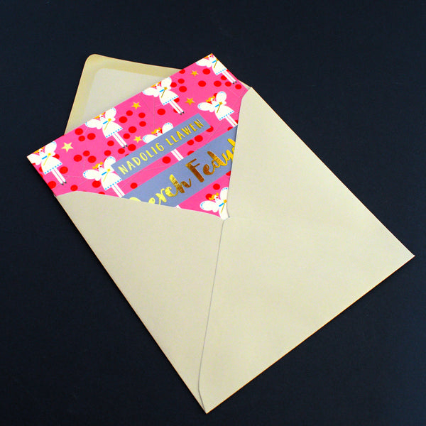 Welsh Christmas Card, Merch Fedydd, Goddaughter Fairies, text foiled in shiny gold