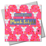 Welsh Christmas Card, Merch Fedydd, Goddaughter Fairies, text foiled in shiny gold