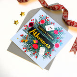 Welsh Christmas Card, Athrawes, Teacher Wreath, text foiled in shiny gold