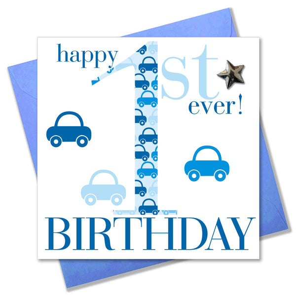 Birthday Card, Age 1 Blue Boy, 1st Birthday, Embellished with a padded star