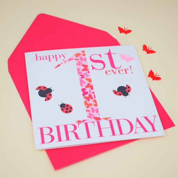 Birthday Card, Age 1 Girl Pink 1st Birthday, Embellished with a fabric butterfly