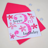 Birthday Card, Age 3 Girl Pink, Embellished with a fabric butterfly