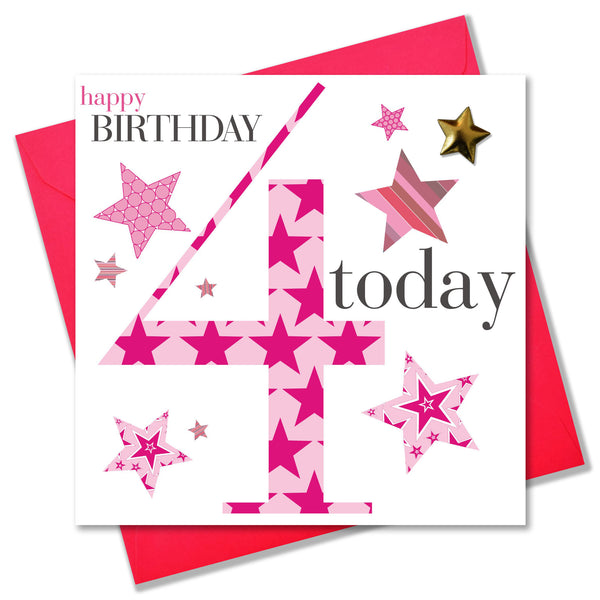 Birthday Card, Age 4 Girl, Pink, Embellished with a padded star