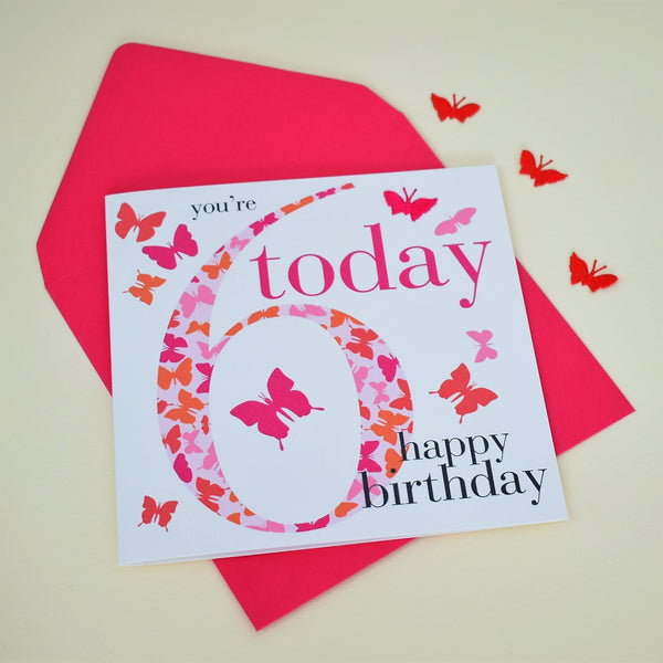 Birthday Card, Age 6 Girl, Happy 6th Birthday, fabric butterfly embellished