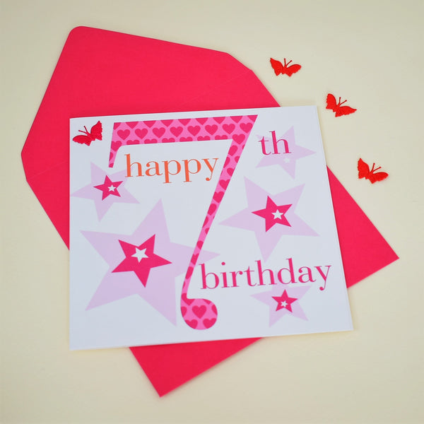 Birthday Card, Age 7 Girl, Happy 7th Birthday, fabric butterfly embellished
