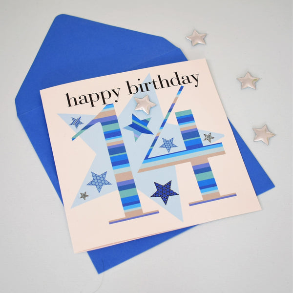 Birthday Card, Age 14 Boy, happy 14th Birthday, Embellished with a padded star