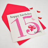 Birthday Card, Age 15 Girl, Happy 15th Birthday, fabric butterfly embellished