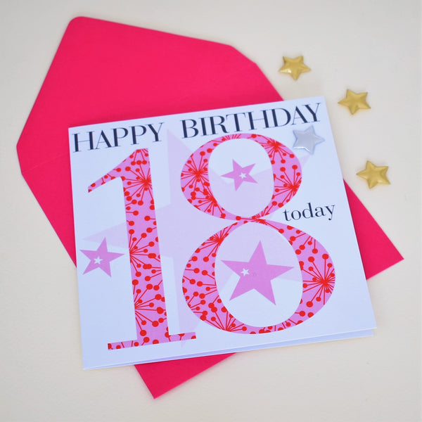 Birthday Card, Age 18 Girl, Happy 18th Birthday, Embellished with a padded star