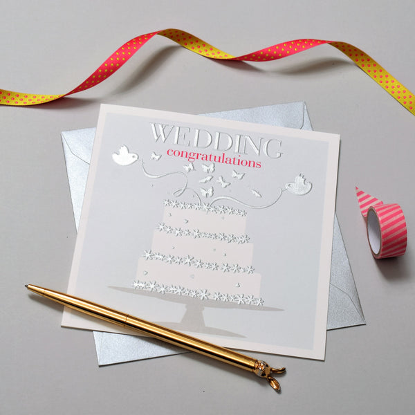 Wedding Card, Cake and Birds, Wedding Congratulations, Embossed and Foiled text