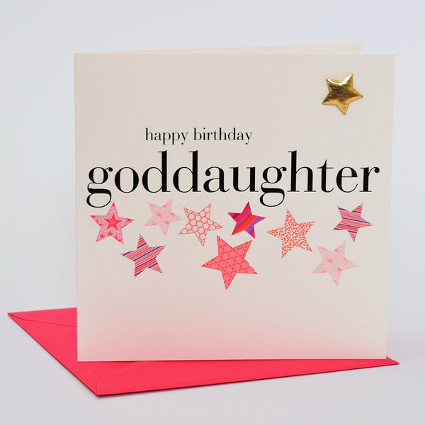 Birthday Card, Goddaughter, Pink Stars, Embellished with a shiny padded star