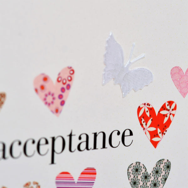 Wedding Card, Hearts, Wedding Acceptance, embellished with a fabric butterfly