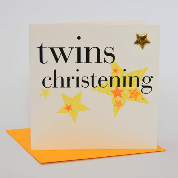 Baby Card, Yellow Stars, Twins Christening, Embellished with a shiny padded star
