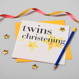 Baby Card, Yellow Stars, Twins Christening, Embellished with a shiny padded star