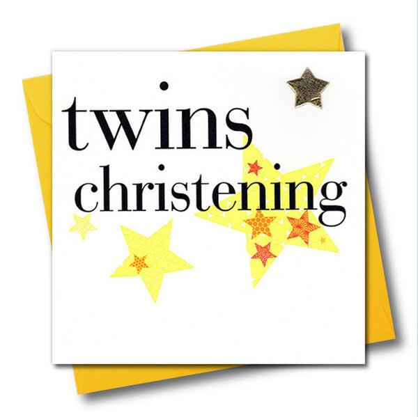 Baby Card, Yellow Stars, Twins Christening, Embellished with a shiny padded star