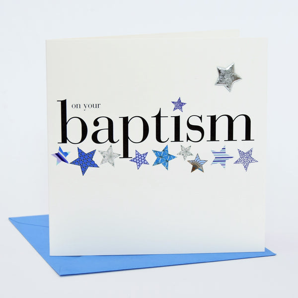 Baby Card, Blue Stars, On Your Baptism, Embellished with a shiny padded star