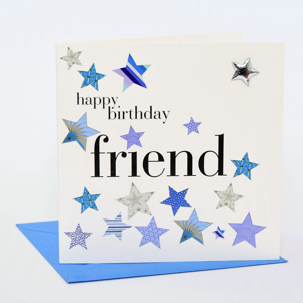 Birthday Card, Blue Stars, Happy Birthday Friend, Embellished with a padded star