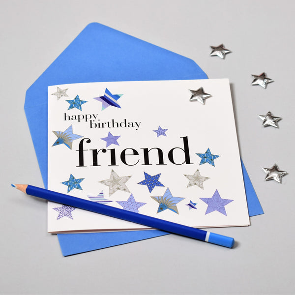 Birthday Card, Blue Stars, Happy Birthday Friend, Embellished with a padded star