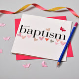 Baby Card, Pink Hearts, On Your Baptism, embellished with a fabric butterfly