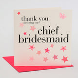 Wedding Card, Pink Stars, Chief Bridesmaid, embellished with a fabric butterfly