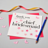 Wedding Card, Pink Stars, Chief Bridesmaid, embellished with a fabric butterfly