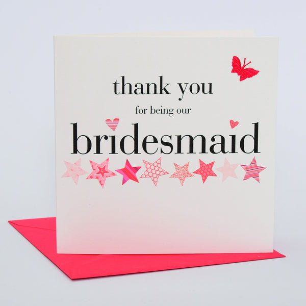 Wedding Card, Pink Stars, Bridesmaid, embellished with a fabric butterfly