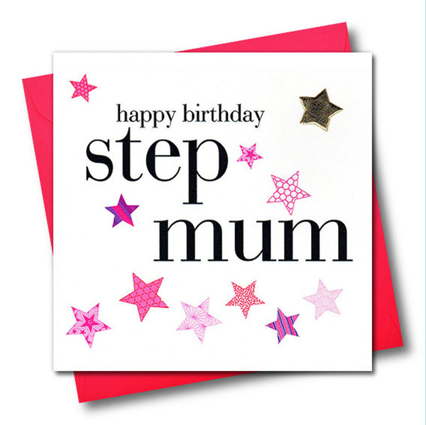 Birthday Card, Step Mum, Pink Stars, Embellished with a padded star