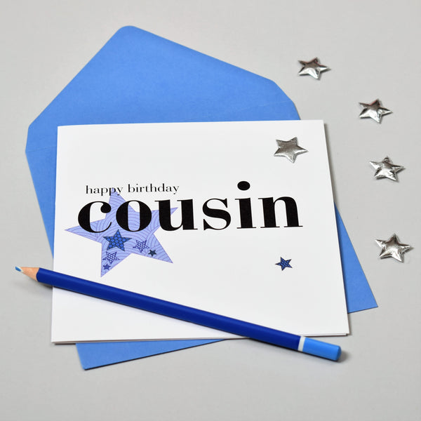 Birthday Card, Blue Star, Happy Birthday Cousin, Embellished with a padded star