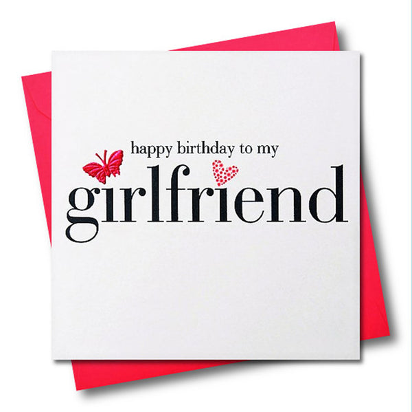 Birthday Card, Love Heart, To My Grlfriend, fabric butterfly Embellished