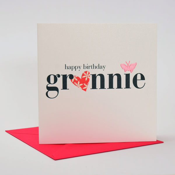 Birthday Card, Heart and Flowers, Grannie, fabric butterfly Embellished