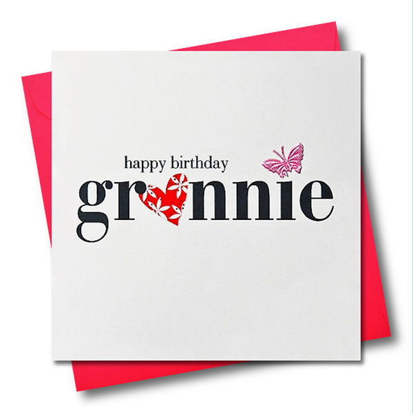 Birthday Card, Heart and Flowers, Grannie, fabric butterfly Embellished