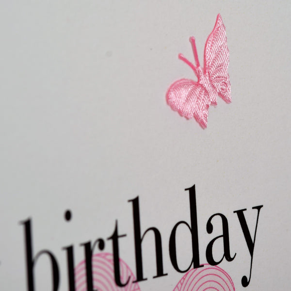 Birthday Card, Hearts, happy birthday Nan, embellished with a fabric butterfly