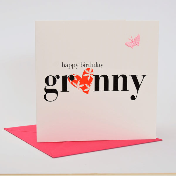 Birthday Card, Heart and Flowers, Granny, fabric butterfly Embellished