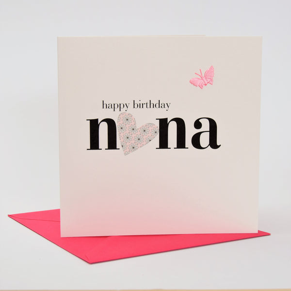 Birthday Card, Silver Heart, Happy Brithday Nana, fabric butterfly Embellished