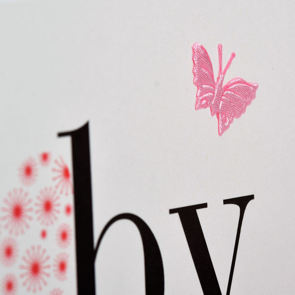 Baby Card, Pink Heart, Baby Girl Congratulations, fabric butterfly Embellished