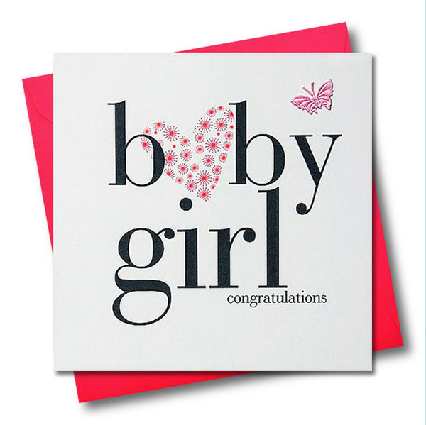 Baby Card, Pink Heart, Baby Girl Congratulations, fabric butterfly Embellished