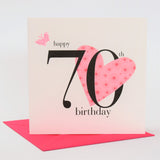 Birthday Card, Pink Heart, Happy 70th Birthday, fabric butterfly Embellished