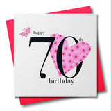 Birthday Card, Pink Heart, Happy 70th Birthday, fabric butterfly Embellished