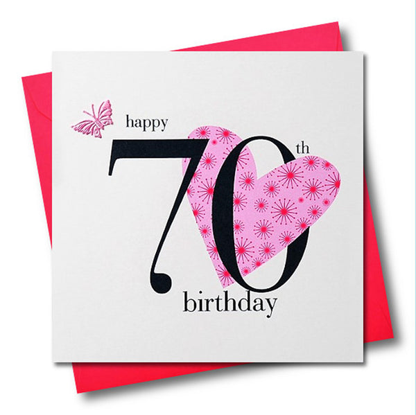 Birthday Card, Pink Heart, Happy 70th Birthday, fabric butterfly Embellished