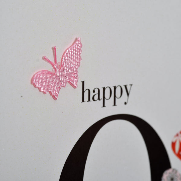 Birthday Card, Pink Hearts, Happy 90th Birthday, fabric butterfly Embellished