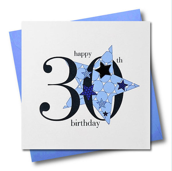 Birthday Card, Blue Star, Happy 30th Birthday, Embellished with a padded star