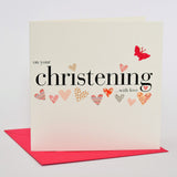 Baby Christening Card, Pink Hearts, fabric butterfly Embellished