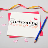 Baby Christening Card, Pink Hearts, fabric butterfly Embellished