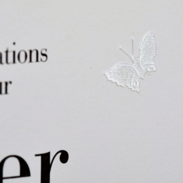 Silver Wedding Anniversary Card, Silver Heart, fabric butterfly Embellished