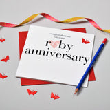 Ruby Wedding Anniversary Card, Pink Heart, fabric butterfly Embellished