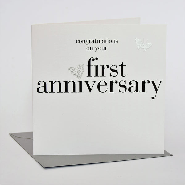 1st Wedding Anniversary Card, Silver Heart, fabric butterfly Embellished