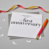 1st Wedding Anniversary Card, Silver Heart, fabric butterfly Embellished