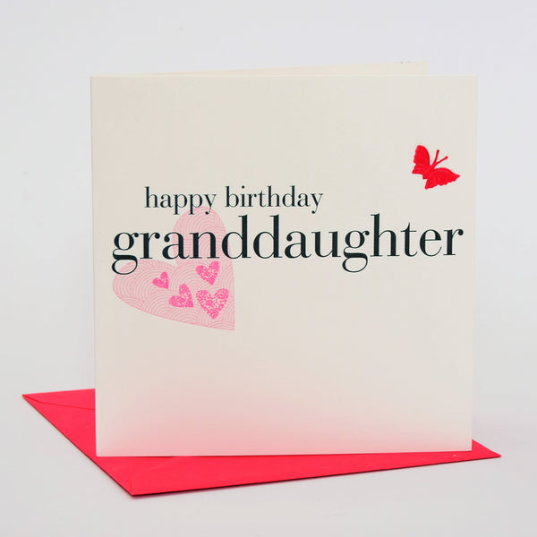 Birthday Card, Pink Hearts, Granddaughter, fabric butterfly Embellished