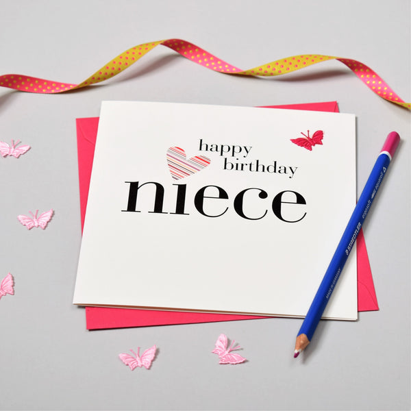 Birthday Card, Heart, Happy Birthday Niece, embellished with a fabric butterfly